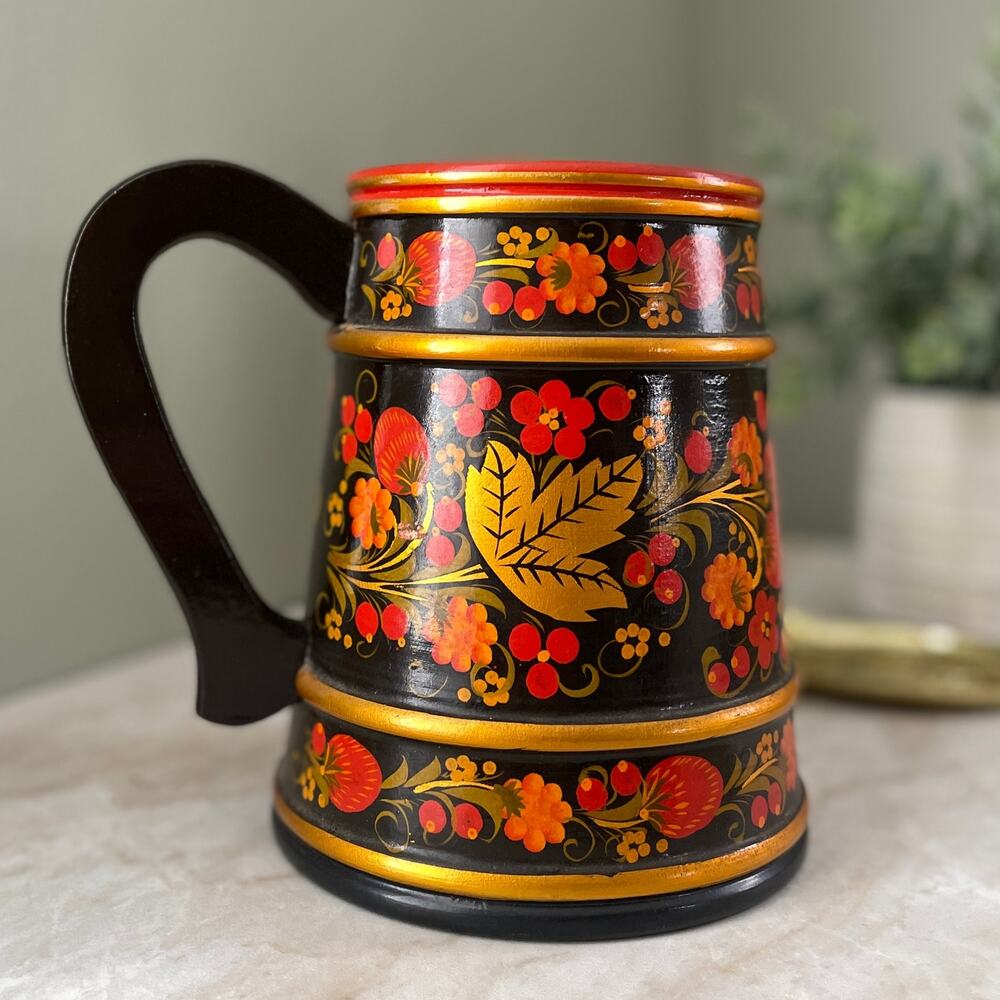 Vintage Russian Lacquered Mug - Strawberry Hand Painted Folk Art